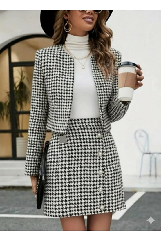 Kadın Uzun Kollu önü Açık Dokuma Ceket Ve Mini Etek Ikili Takım