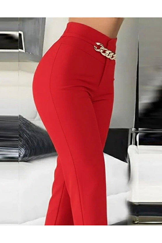 Kadın Yüksek Bel önden Zincir Detaylı Ithal Krep Pantolon