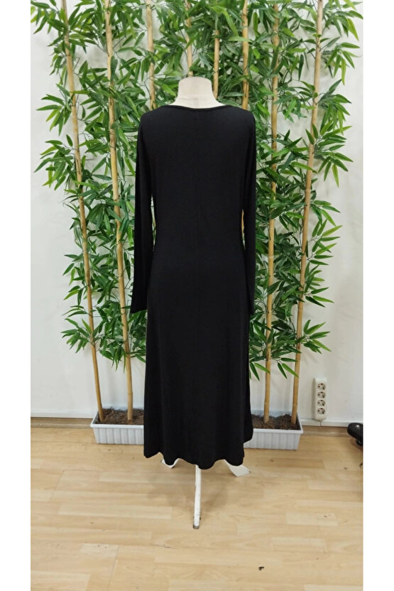 Kadın Uzun Kollu V Yakalı Blok Desenli Viskon Elbise