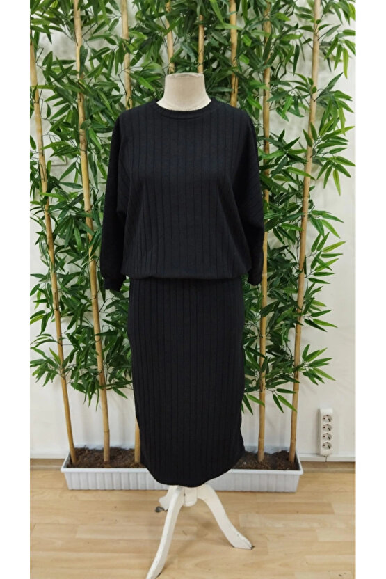 Kadın Uzun Kollu Yakası Açık Yarasa Kollu şardonlu Kaşkorse Bluz Ve Etek Takım