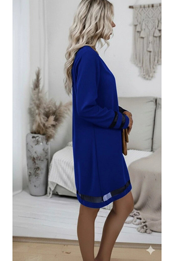 Kadın Uzun Kollu V Yakalı Tül şerit Detaylı Mini Krep Elbise