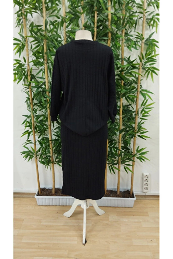 Kadın Uzun Kollu Yakası Açık Yarasa Kollu şardonlu Kaşkorse Bluz Ve Etek Takım