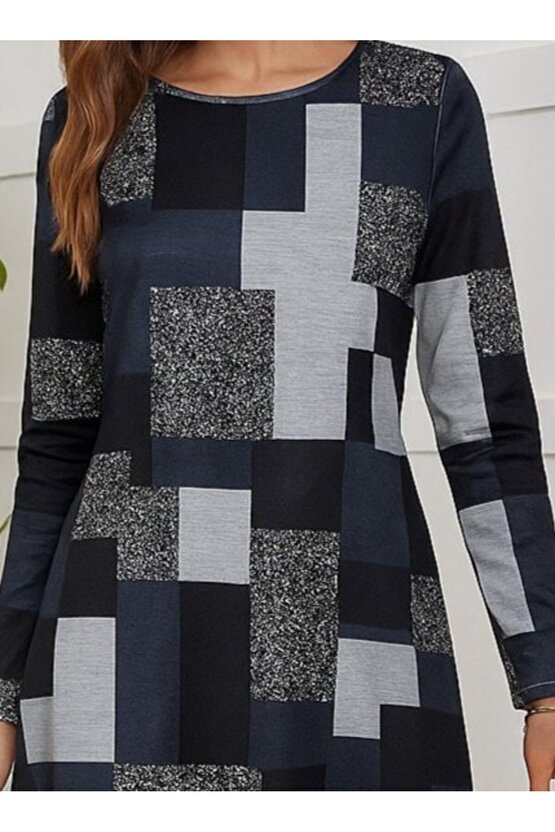 Kadın Uzun Kollu Yuvarlak Yaka Geometrik Süprem Elbise