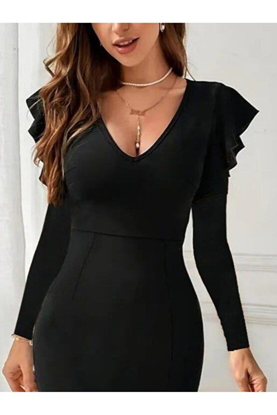 Kadın Uzun Kollu V Yakalı Yandan Yırtmaçlı Midi Ithal Krep Elbise