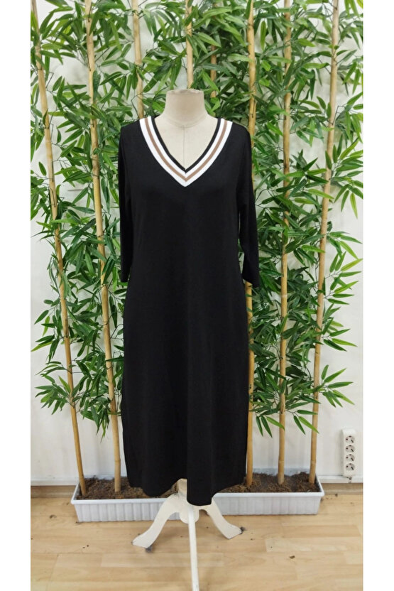 Kadın Uzun Kollu V şerit Yakalı Viskon Iki Iplik Elbise