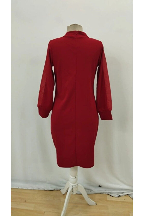 Kadın Uzun Kollu Yarı Balıkçı Yaka Tül Ve Inci Detaylı Kısa Ithal Krep Midi Elbise