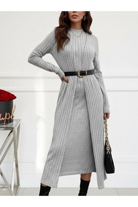 Kadın Uzun Kollu Yarı Balıkçı Yaka şardonlu Kaşkorse Elbise Ve Uzun Hırka Ikili Takım