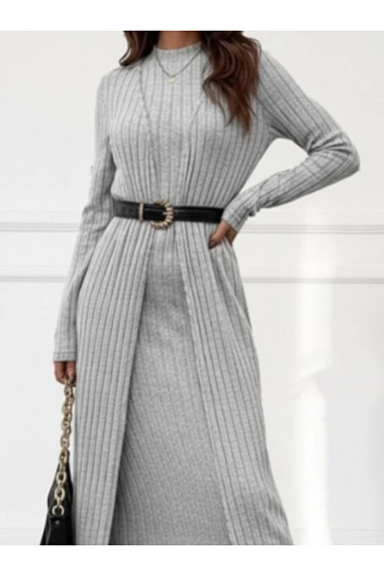 Kadın Uzun Kollu Yarı Balıkçı Yaka şardonlu Kaşkorse Elbise Ve Uzun Hırka Ikili Takım