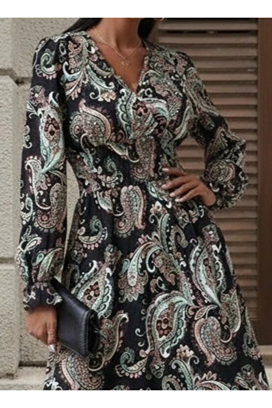 Kadın Uzun Kollu Kruvaze Yaka Beli Lastikli Uzun Desenli Maxi Elbise