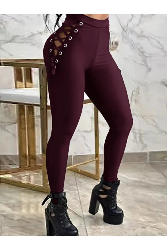 Kadın Yüksek Bel çapraz Bağcıklı Tül Detaylı Dalgıç Tayt