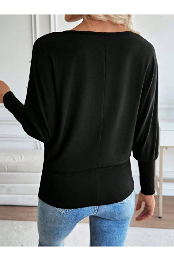 Kadın Uzun Kollu Yuvarlak Yaka Incili Viskon Bluz