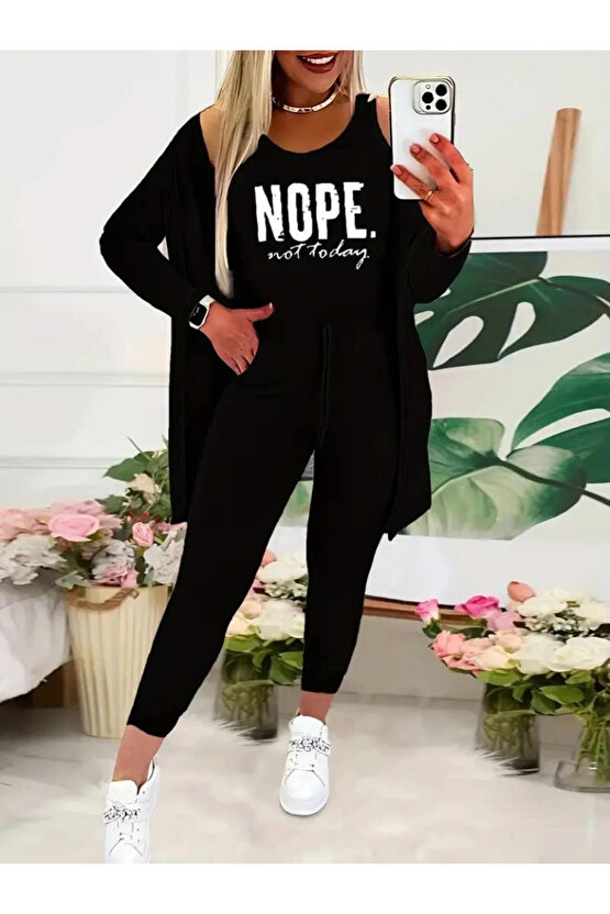 Kadın Askılı Yuvarlak Yaka Yazılı Viskon Iki Iplik Bluz Ceket Ve Pantolon 3lü Takım