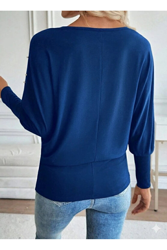 Kadın Uzun Kollu Yuvarlak Yaka Incili Viskon Bluz