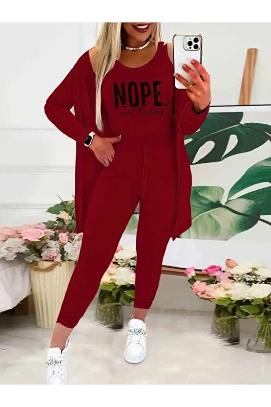 Kadın Askılı Yuvarlak Yaka Yazılı Viskon Iki Iplik Bluz Ceket Ve Pantolon 3lü Takım