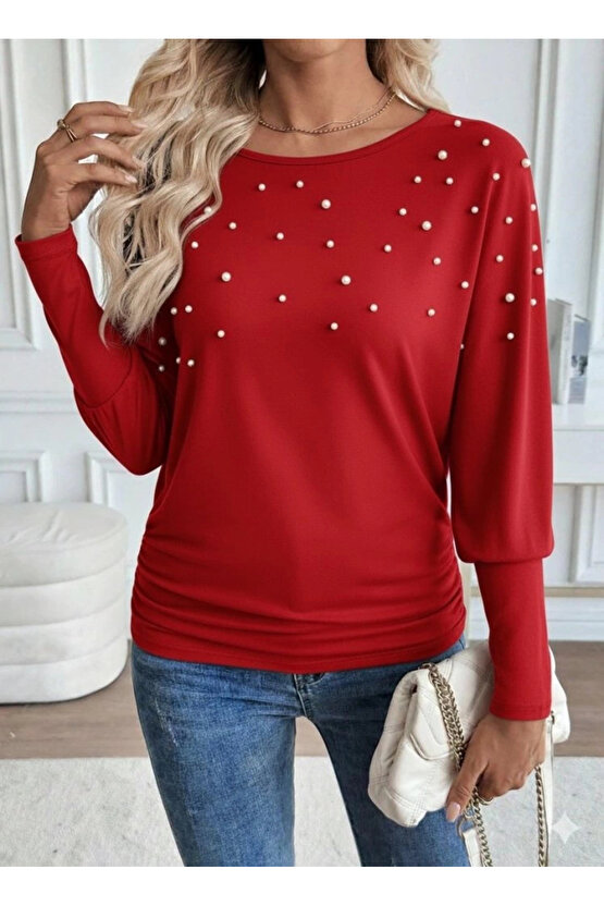 Kadın Uzun Kollu Yuvarlak Yaka Incili Viskon Bluz