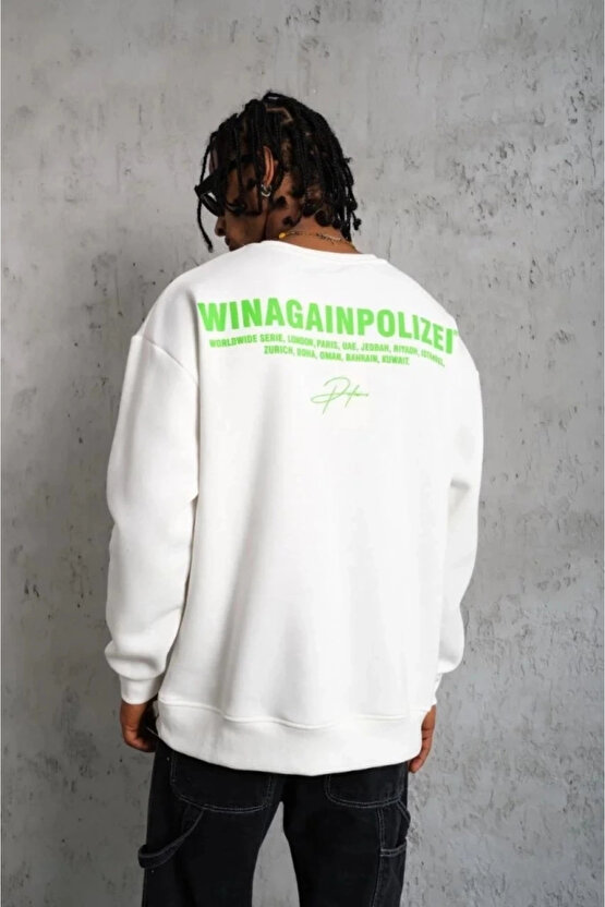 Erkek Oversize Sweatshirt – Beyaz Renk Ön Ve Sırt Baskılı, Üç İplik İçi Pamuklu Kumaş, Rahat Kalıp,