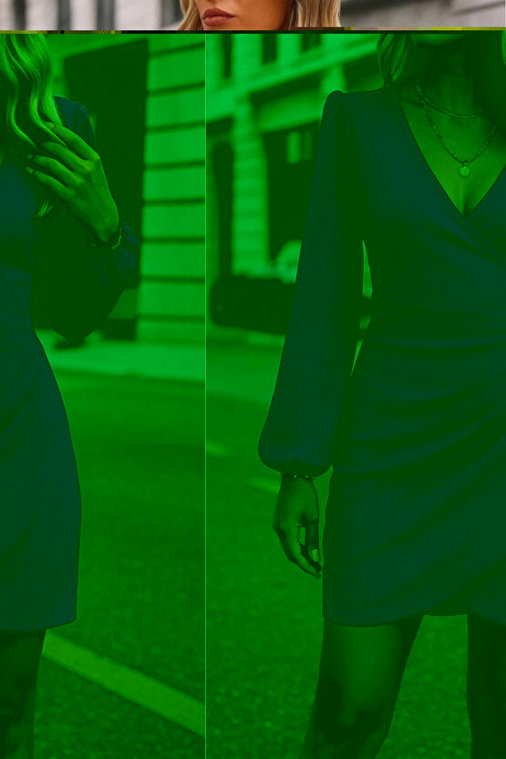 Kadın Uzun Kollu Kruvaze Yakalı Yanlardan Büzgü Detaylı Ithal Krep Kısa Elbise