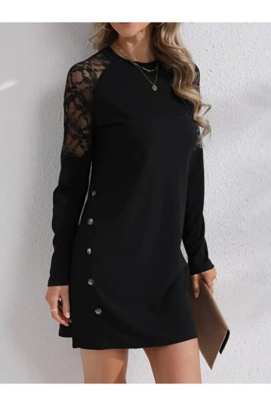 Kadın Uzun Kollu Bisiklet Yaka Dantel Detaylı Visk8n Iki Iplik Düğmeli Mini Elbise