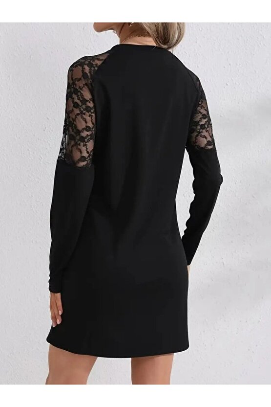 Kadın Uzun Kollu Bisiklet Yaka Dantel Detaylı Visk8n Iki Iplik Düğmeli Mini Elbise