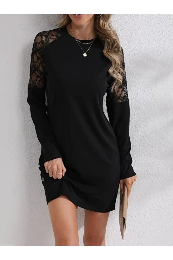 Kadın Uzun Kollu Bisiklet Yaka Dantel Detaylı Visk8n Iki Iplik Düğmeli Mini Elbise
