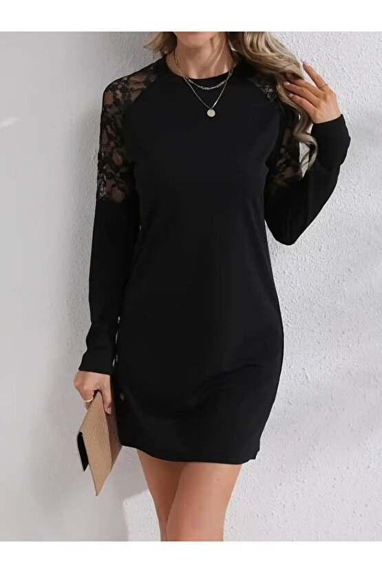 Kadın Uzun Kollu Bisiklet Yaka Dantel Detaylı Visk8n Iki Iplik Düğmeli Mini Elbise