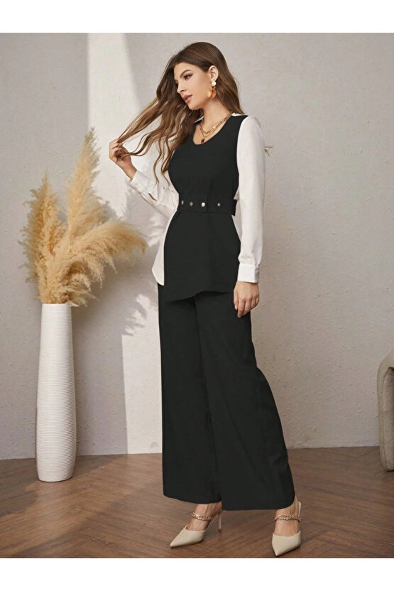 Kadın Uzun Kollu Açık Yakalı çift Renkli Kemerli Ithal Krep Ikili Takım