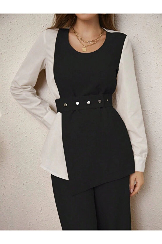 Kadın Uzun Kollu Açık Yakalı çift Renkli Kemerli Ithal Krep Ikili Takım