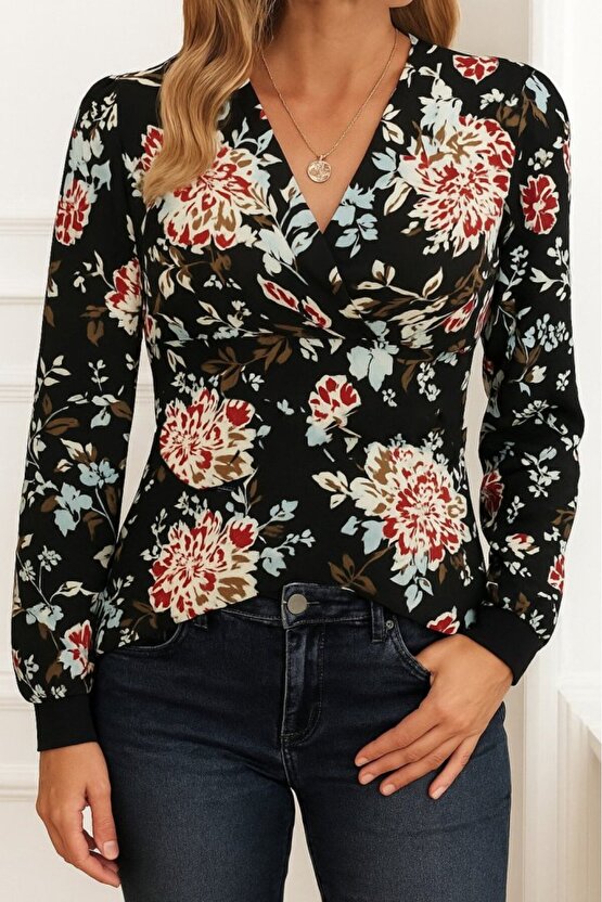 Kadın Uzun Kollu Kruvaze Yakalı Kelebek Desenli şardonlu Dalgıç Bluz