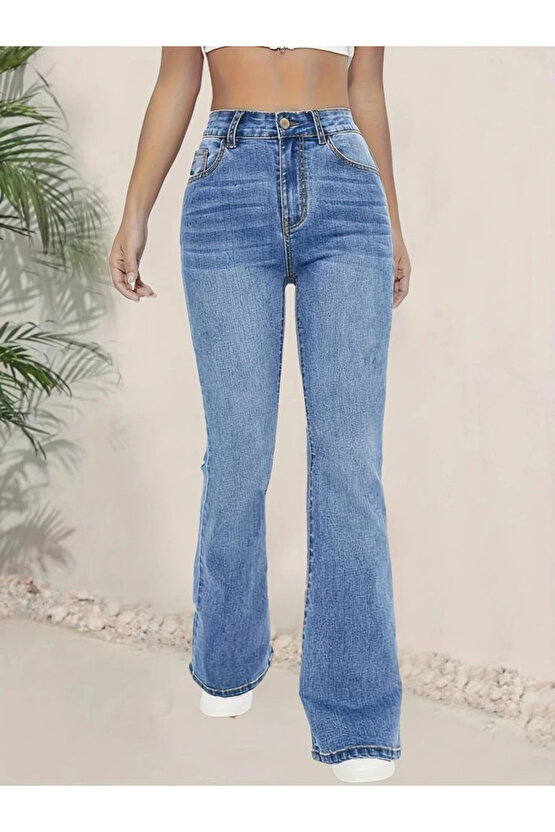 Kadın Yüksek Bel İspanyol Paça Kot Pantolon