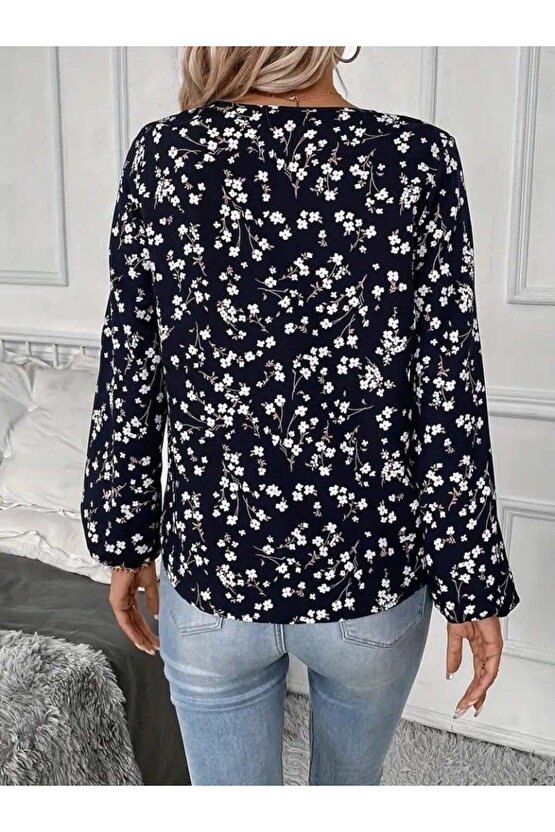 Kadın Uzun Kollu V Yakalı çiçek Desenli Modal Bluz