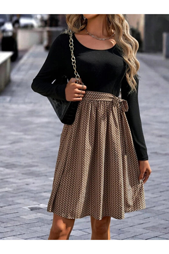 Kadın Uzun Kollu Yuvarlak Yaka üst Viskon Alt Süprem Midi Elbise