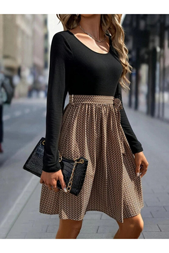 Kadın Uzun Kollu Yuvarlak Yaka üst Viskon Alt Süprem Midi Elbise