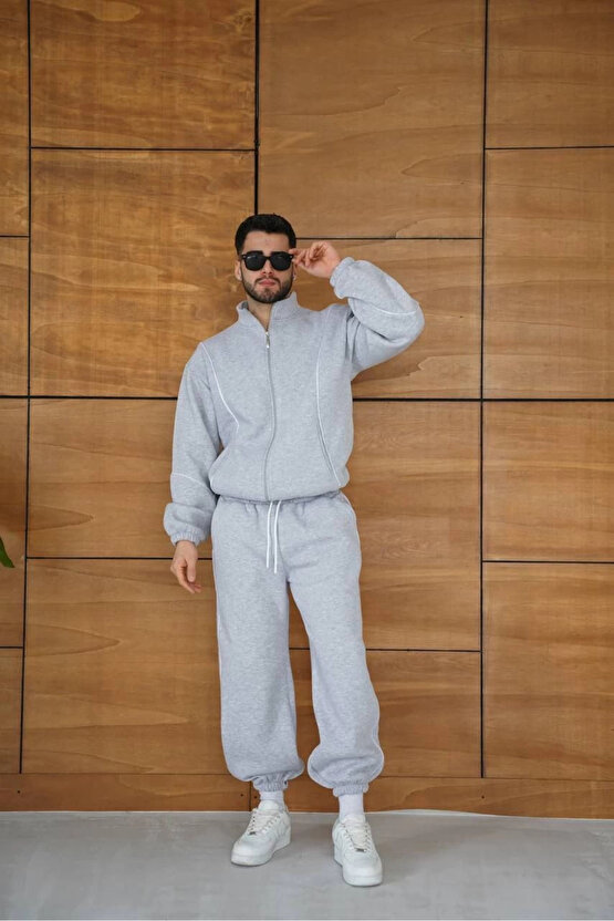 Erkek Premium Parçalı Eşofman Takım - Dik Yaka Fermuarlı Biyeli Sweatshirt Lastik Paça Alt, Oversize
