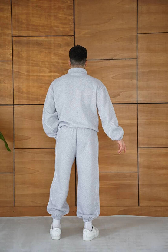 Erkek Premium Parçalı Eşofman Takım - Dik Yaka Fermuarlı Biyeli Sweatshirt Lastik Paça Alt, Oversize