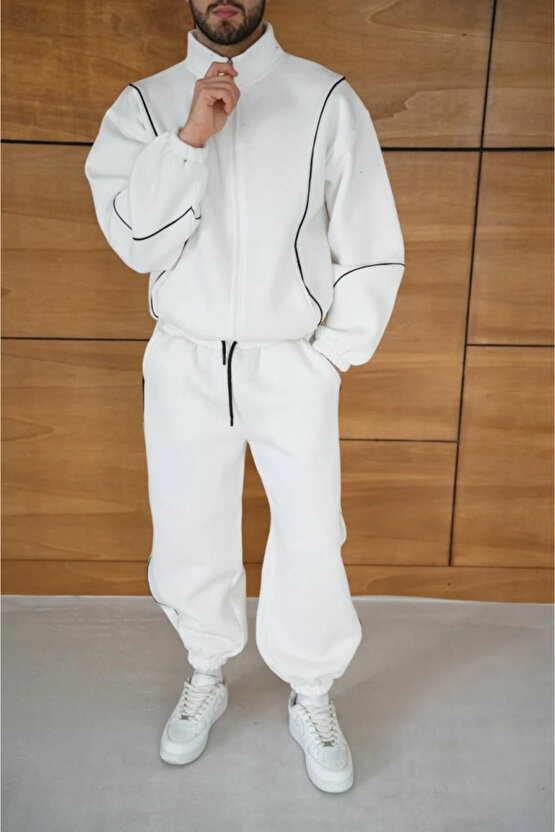 Erkek Premium Parçalı Eşofman Takım - Dik Yaka Fermuarlı Biyeli Sweatshirt Lastik Paça Alt, Oversize