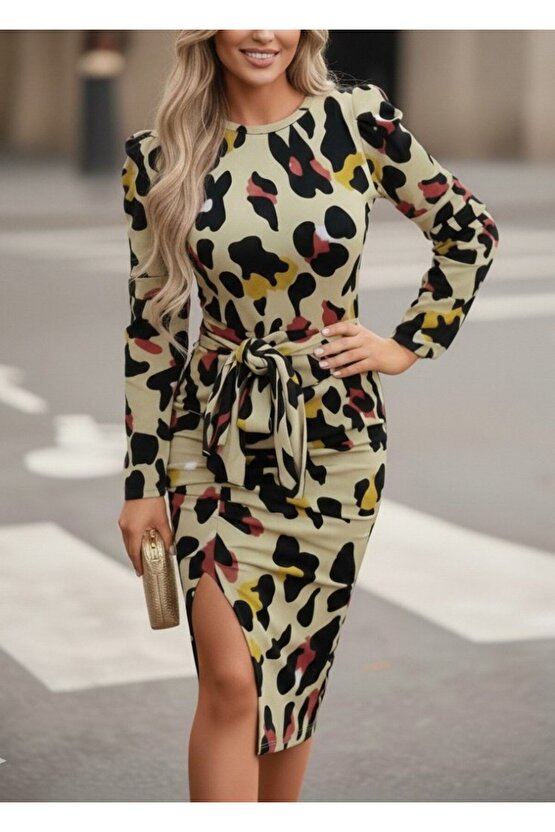 Kadın Uzun Kollu Yuvarlak Yaka Belden Kuşaklı önden Yırtmaçlı örme Krep Elbise