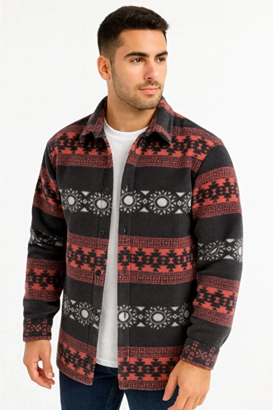 MDB Erkek Desenli Polar Gömlek – Etnik Şerit Desen Yakalı, Uzun Kollu, Düğmeli, Oversize Rahat Kalıp