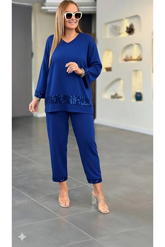 Kadın Uzun Kollu V Yakalı Pulpayet Viskon Iki Iplik Bluz Ve Pantolon Takım