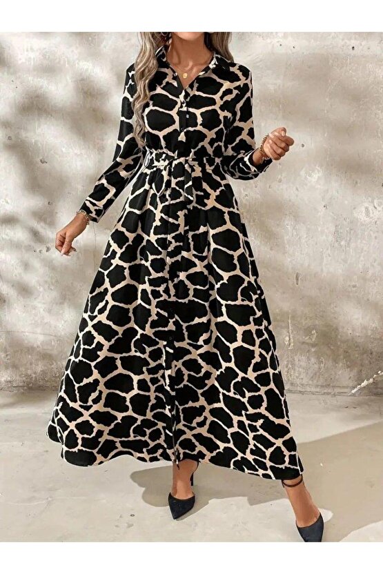 Kadın Uzun Kollu Yakalı önü Düğmeli Desenli Belden Kuşaklı Uzun Süprem Elbise