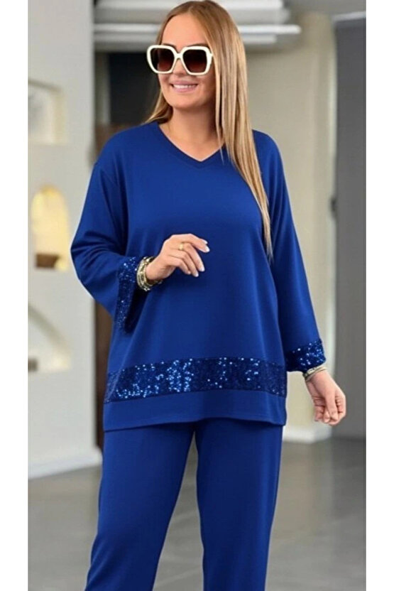 Kadın Uzun Kollu V Yakalı Pulpayet Viskon Iki Iplik Bluz Ve Pantolon Takım