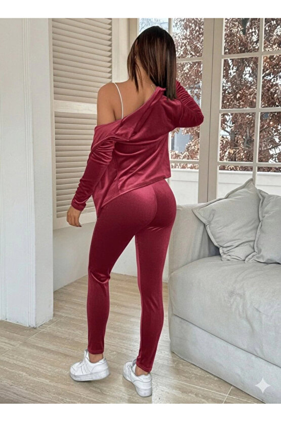 Kadın Uzun Kollu önden Fermuarlı Kadife Bluz Ve Pantolon Ikili Takım