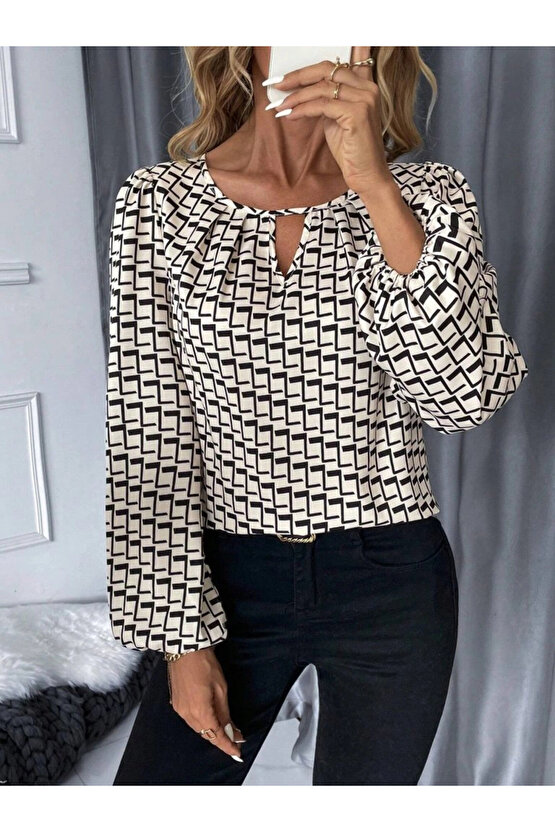 Kadın Uzun Kollu Damla Detaylı Yaka Desenli Süprem Bluz