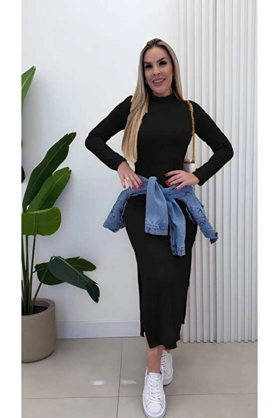 Kadın Uzun Kollu Balıkçı Yakalı Yanlardan Yırtmaçlı Kaşkorse Maxi Elbise