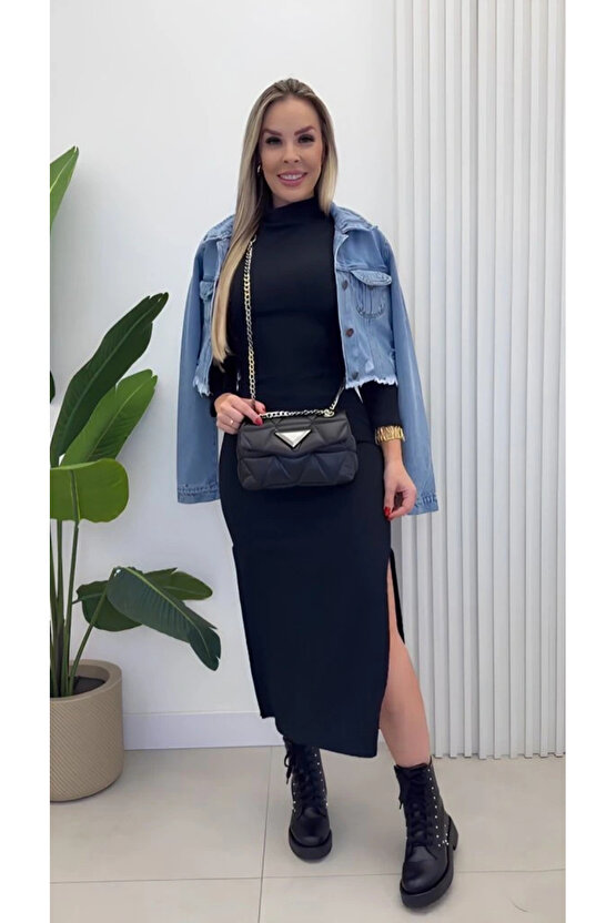 Kadın Uzun Kollu Balıkçı Yakalı Yanlardan Yırtmaçlı Kaşkorse Maxi Elbise