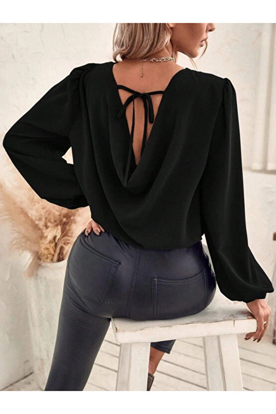 Kadın Uzun Kollu Yuvarlak Yaka Arkadan Bağcıklı Salaş Ithal Krep Bluz