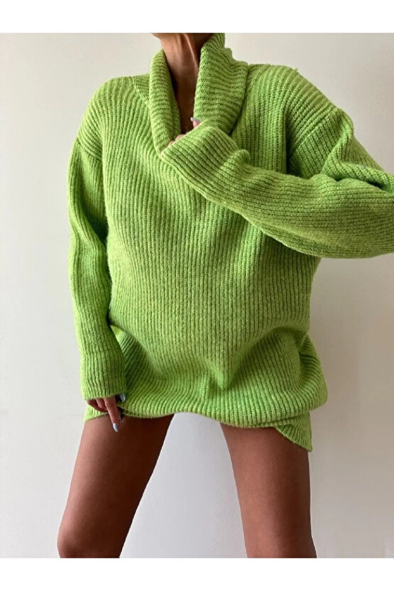 Yeşil Boğazlı Triko Elbise