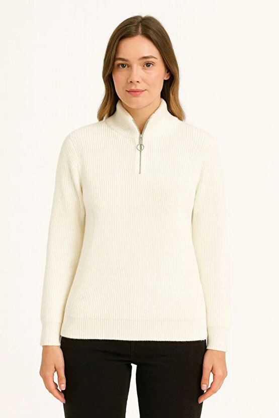 KADIN Yarım Fermuarlı Triko Kazak – Selanik Örgü, Dik Yaka, Pamuklu Dokuma, Oversize Uzun Kollu Kışl