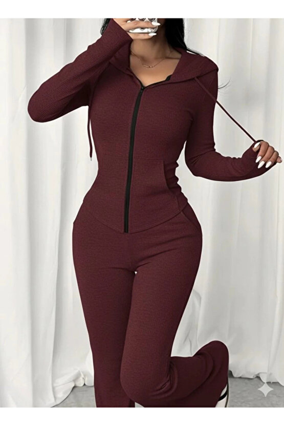 Kadın Uzun Kollu Kapşonlu Bağcıklı önü Fermuarlı Viskon Iki Iplik Bluz Ve Pantolon Ikili Takım