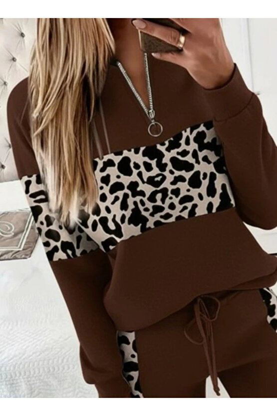 Kadın Uzun Kollu Fermuarlı Karışık Desenli Viskon Iki Iplik Bluz Ve Pantolon Ikili Takım