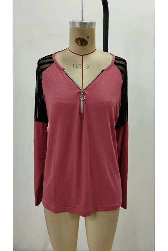 Kadın Uzun Kollu Yakadan Fermuarlı Viskon Bluz